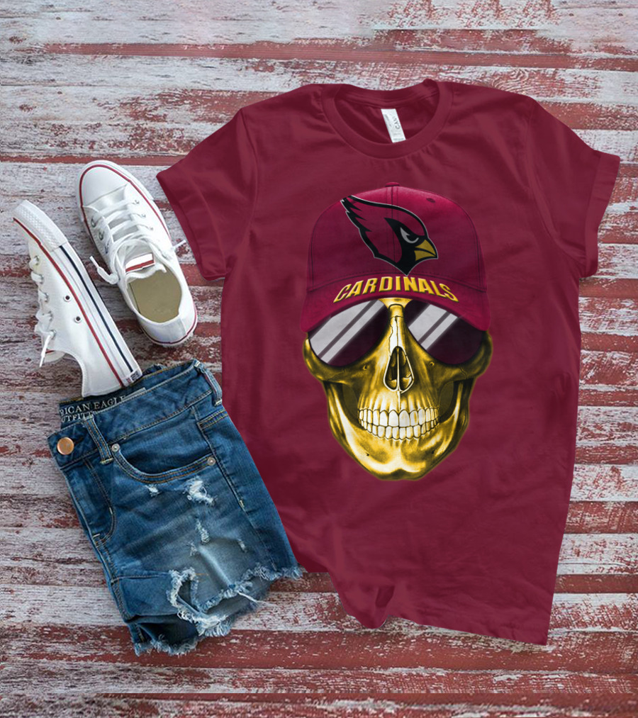 Arizona Cardinals Skull With Hat And Sunglasses T-Shirt