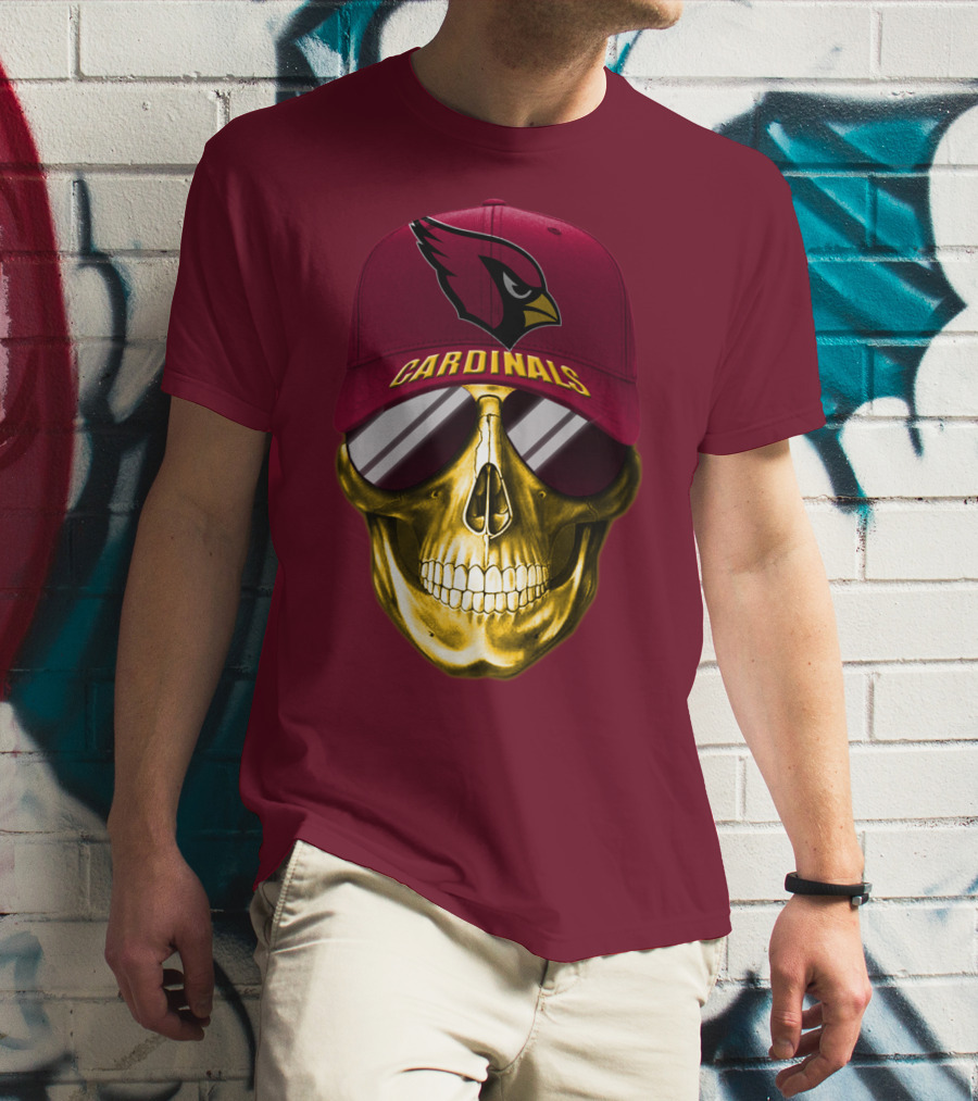 Arizona Cardinals Skull With Hat And Sunglasses T-Shirt