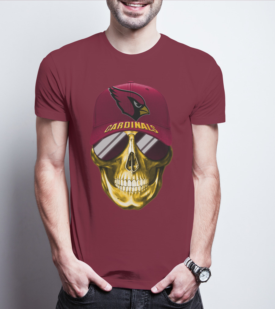 Arizona Cardinals Skull With Hat And Sunglasses T-Shirt