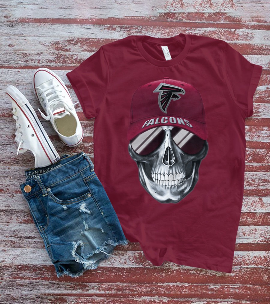 Atlanta Falcons Skull With Logo Hat And Sunglasses T-Shirt