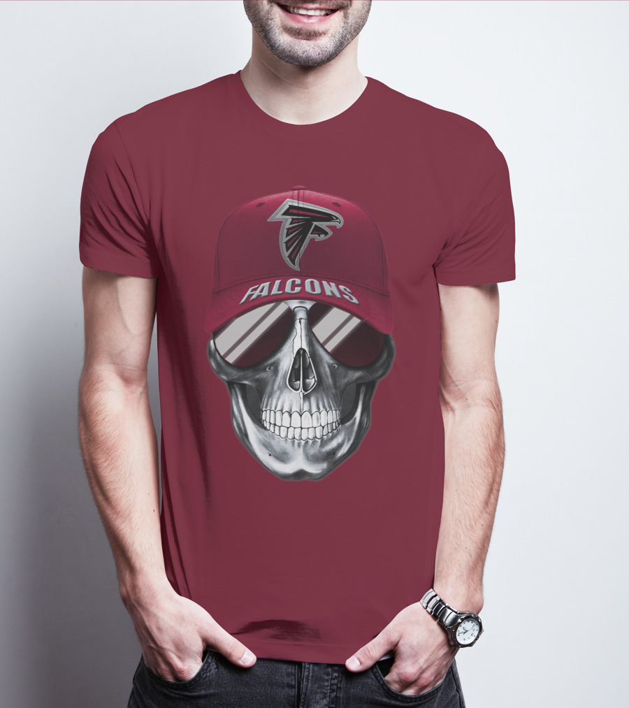 Atlanta Falcons Skull With Logo Hat And Sunglasses T-Shirt