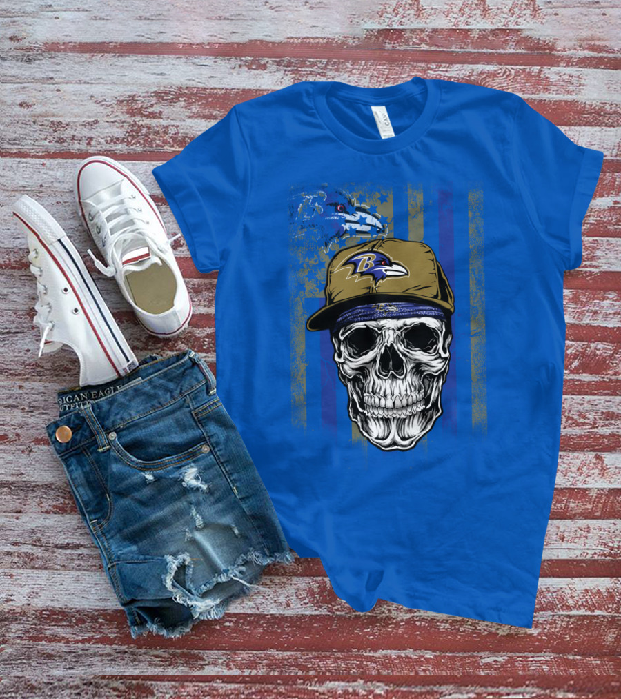 Baltimore Ravens Skull With Hat And Stylized Flag Elements T-Shirt