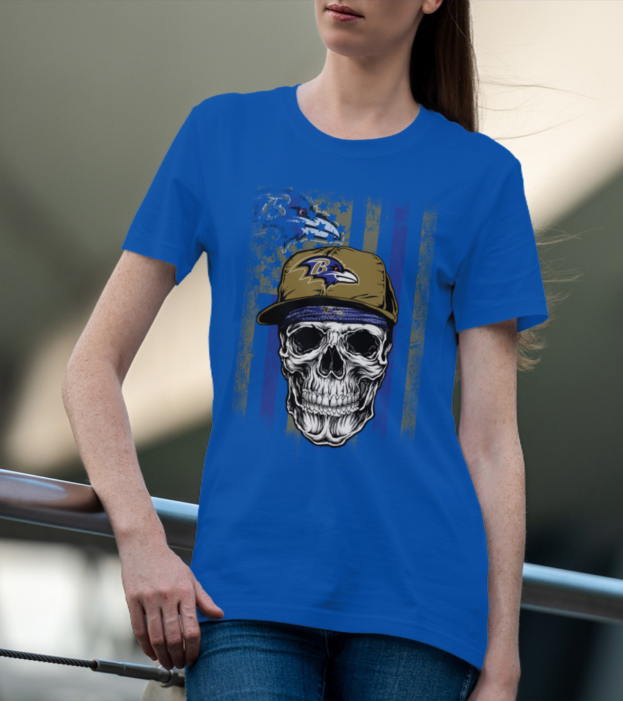 Baltimore Ravens Skull With Hat And Stylized Flag Elements T-Shirt
