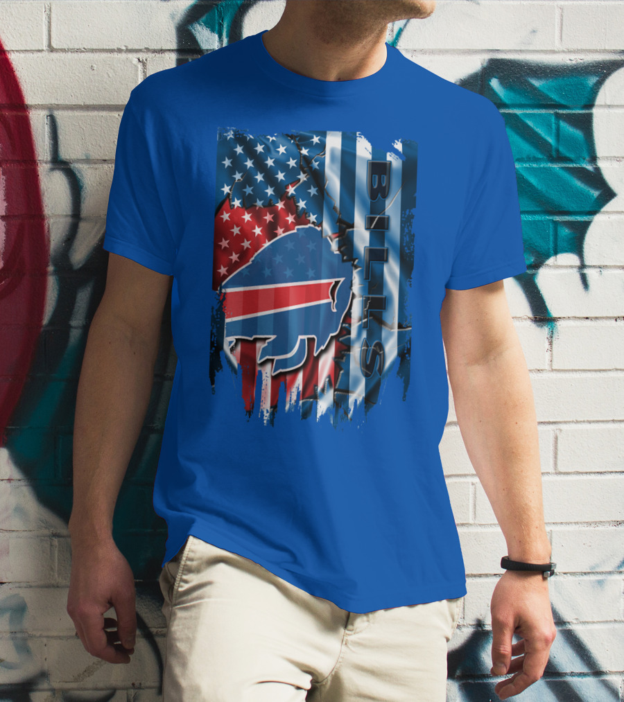 Buffalo Bills American Flag Collage With Team Logo And Bold Vertical T-Shirt