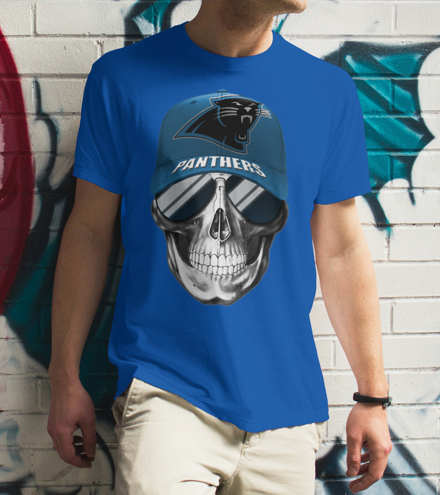 Carolina Panthers Skull Wearing Team Hat And Sunglasses T-Shirt
