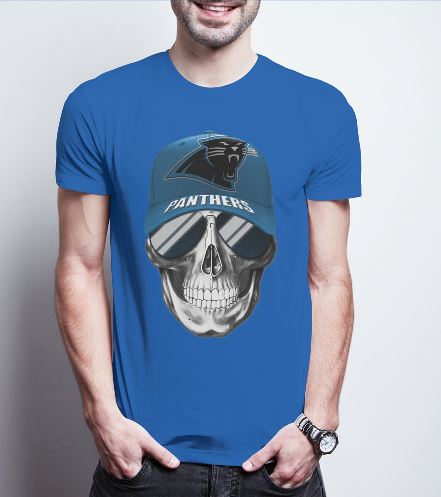 Carolina Panthers Skull Wearing Team Hat And Sunglasses T-Shirt