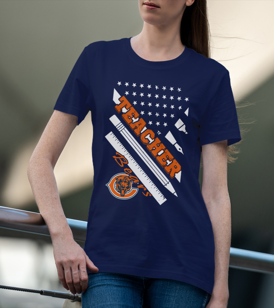 Chicago Bears Teacher American Flag Ruler And Pens T-Shirt