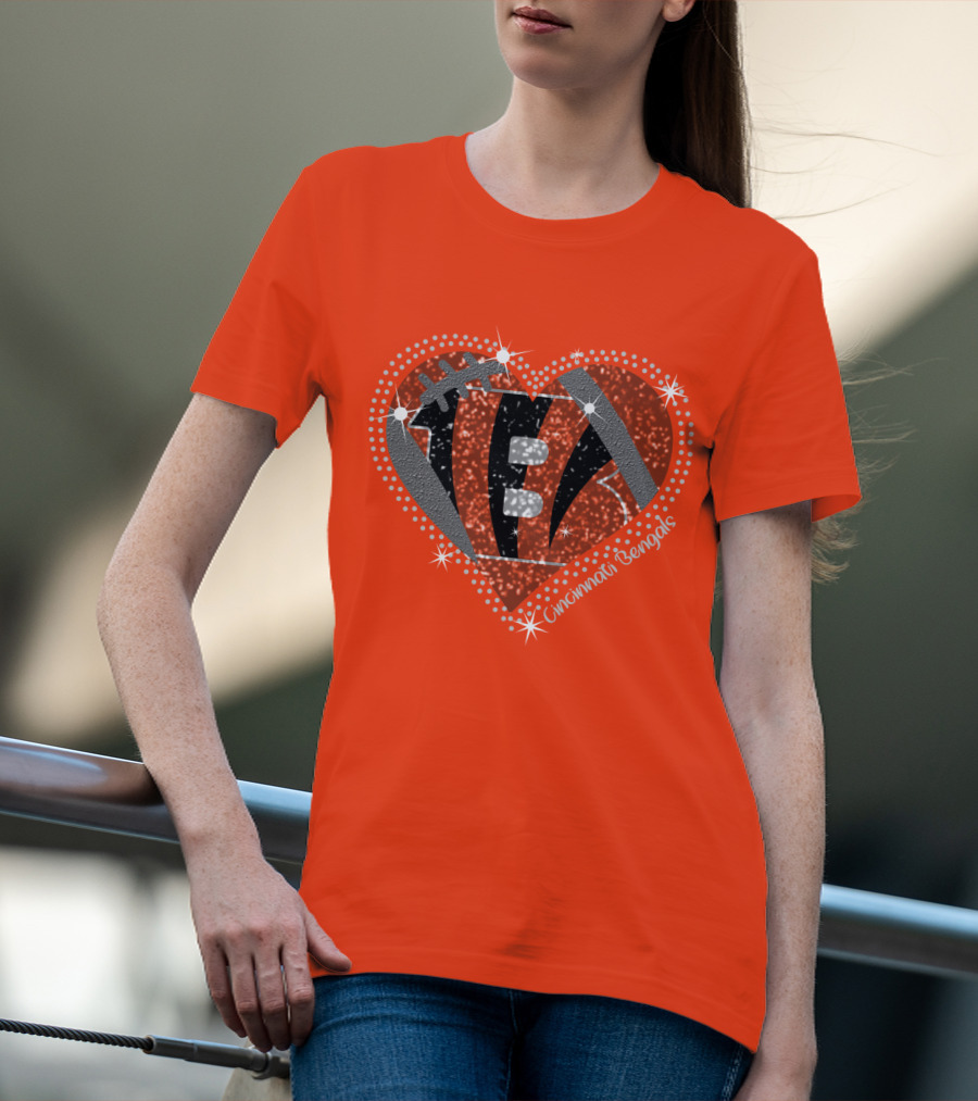 Cincinnati Bengals Heart Sparkle Football T-Shirt