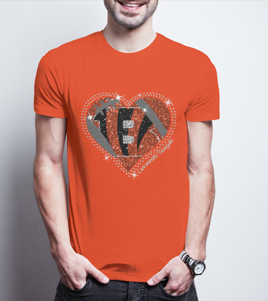 Cincinnati Bengals Heart Sparkle Football T-Shirt