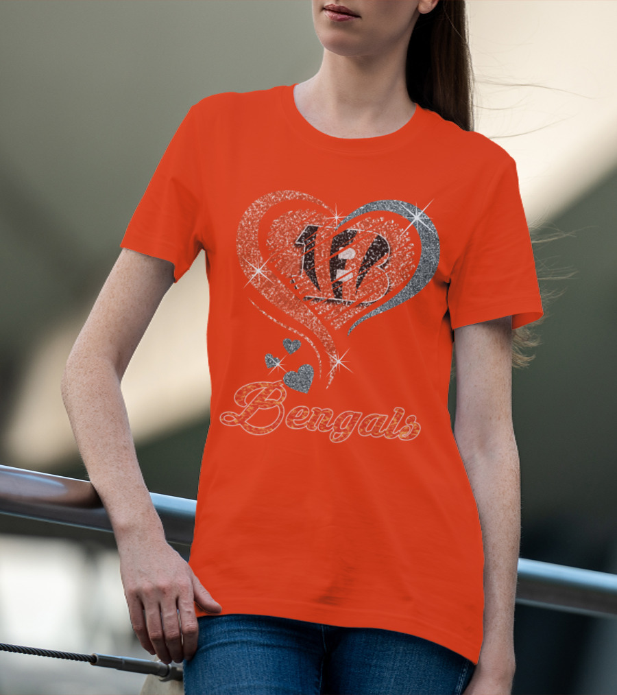 Bengals Heart Sparkle B Stripes Glitter T-Shirt