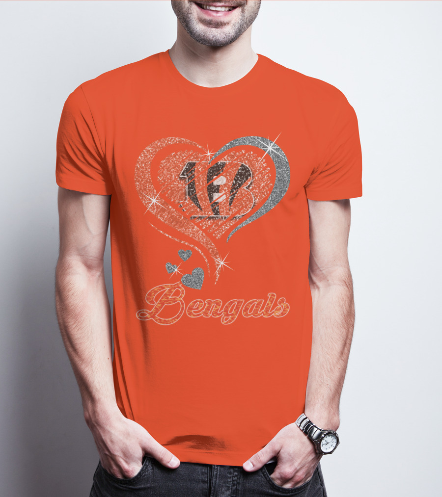 Bengals Heart Sparkle B Stripes Glitter T-Shirt