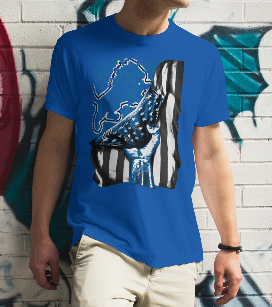 Detroit Lions Blue Lion Silhouette With American Flag Fist On Blue T-Shirt