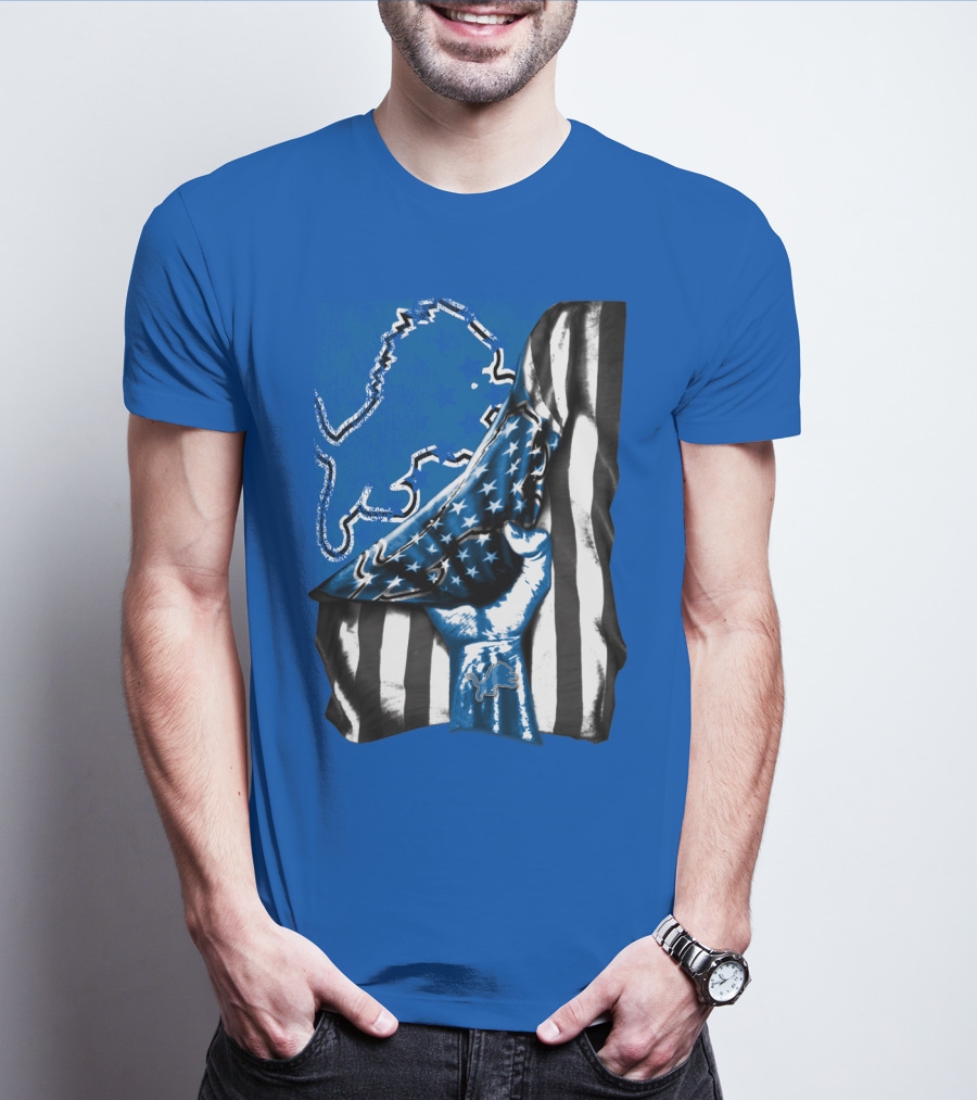 Detroit Lions Blue Lion Silhouette With American Flag Fist On Blue T-Shirt