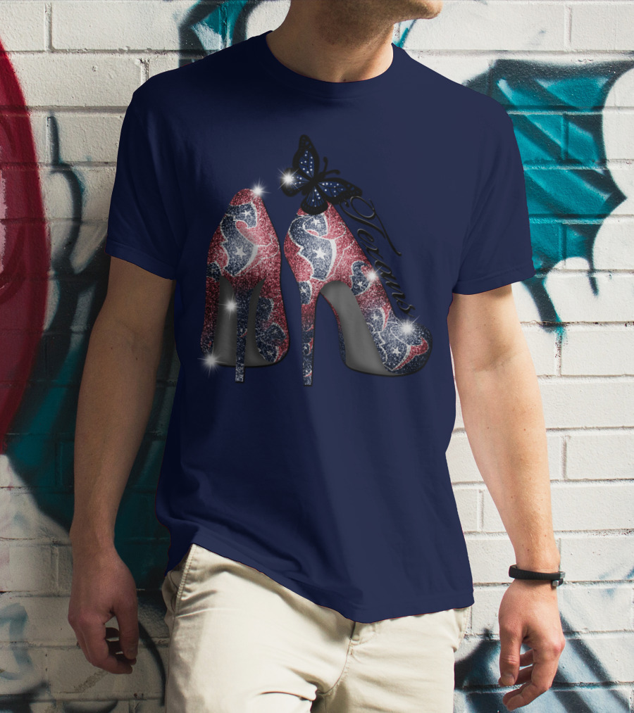 Texans High Heels With Butterfly Sparkle On Blue T-Shirt