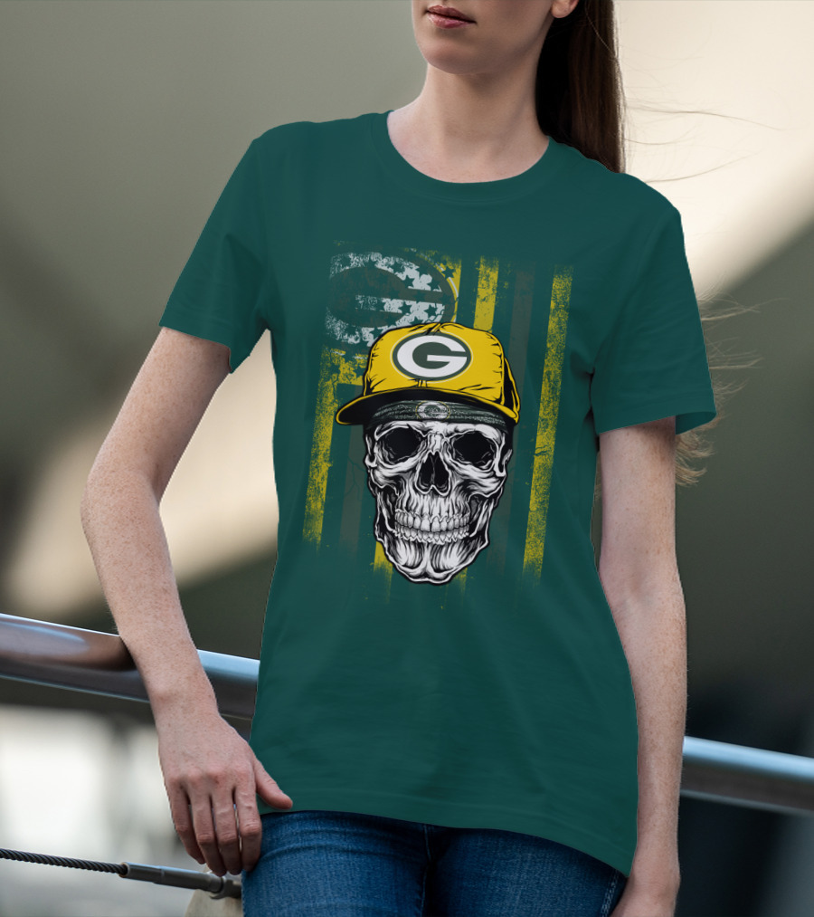 Green Bay Packers Skull With Cap And Distressed Flag T-Shirt