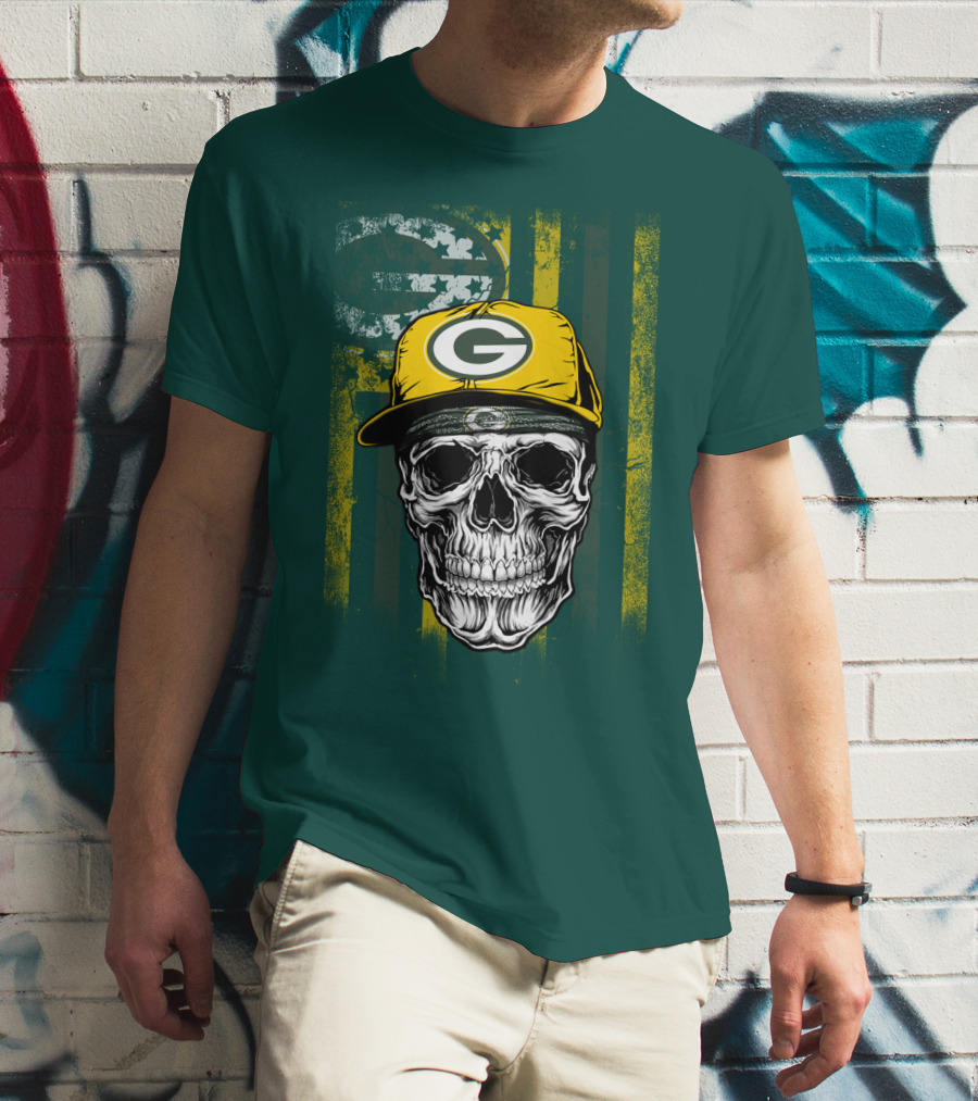 Green Bay Packers Skull With Cap And Distressed Flag T-Shirt