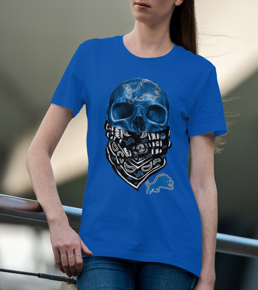 Detroit Lions Blue Skull Bandana Icon With Nfl Team T-Shirt