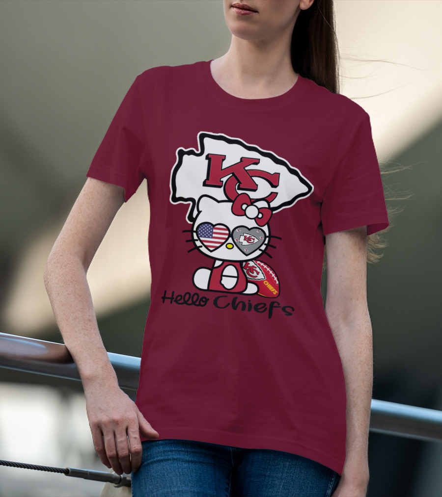 Hello Chiefs Kc Hello Kitty Heart Football American Flag T-Shirt