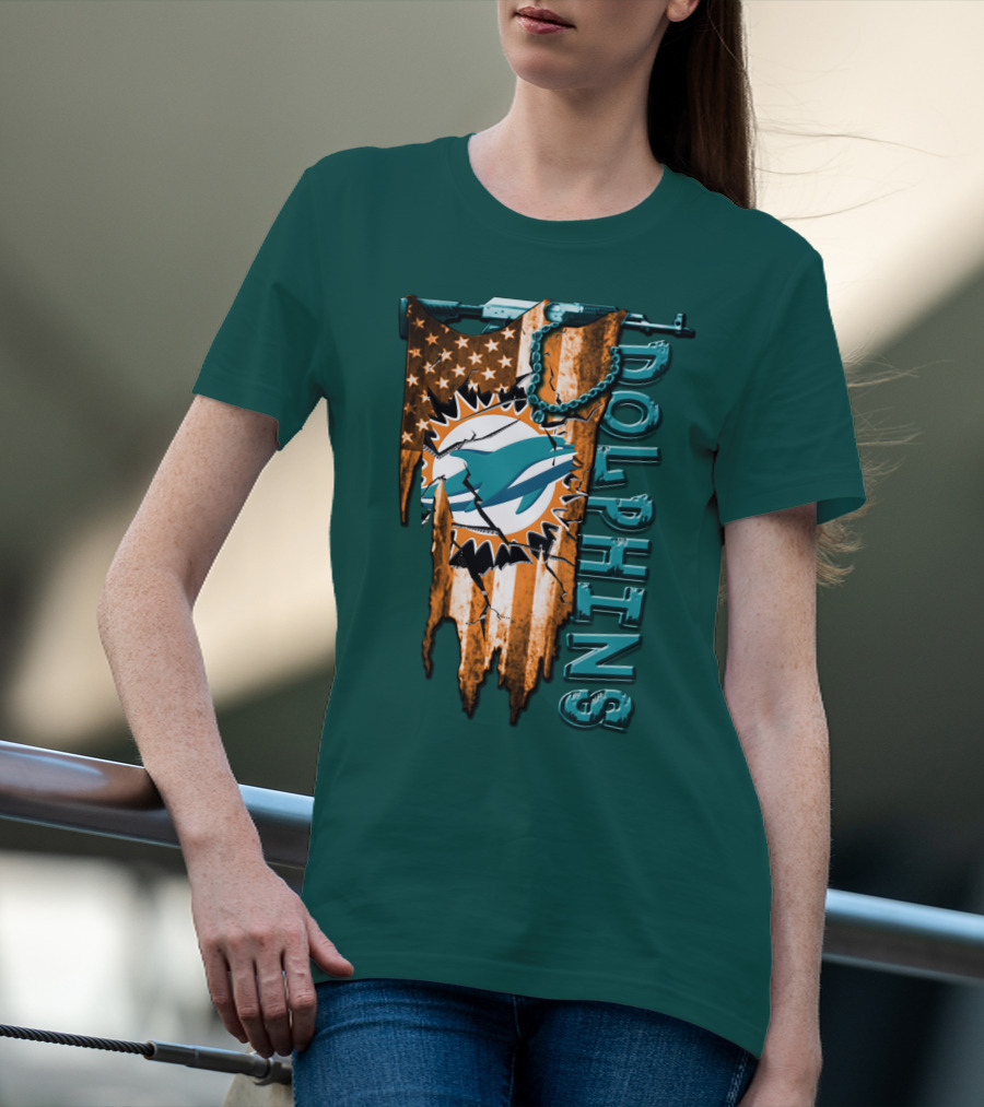 Miami Dolphins Flag And Logo Style With Stars And Stripes T-Shirt
