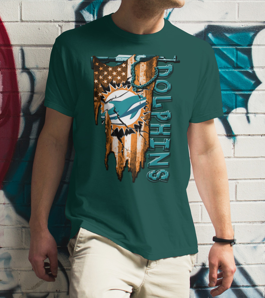 Miami Dolphins Flag And Logo Style With Stars And Stripes T-Shirt