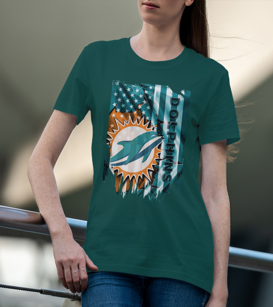 Miami Dolphins American Flag Sunburst Ocean Wave T-Shirt