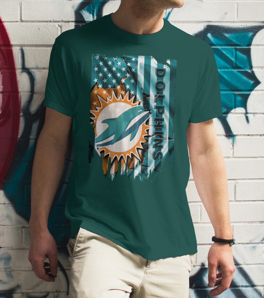 Miami Dolphins American Flag Sunburst Ocean Wave T-Shirt