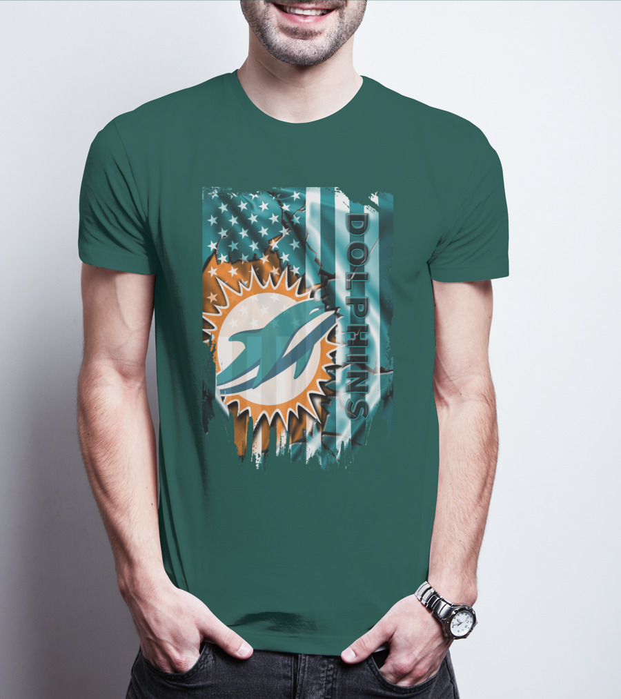 Miami Dolphins American Flag Sunburst Ocean Wave T-Shirt