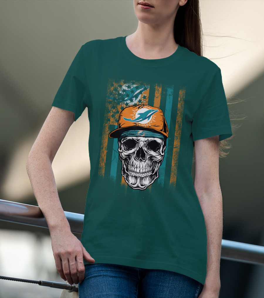 Miami Dolphins Skull With Cap And Logo In Orange And Teal Grunge Style T-Shirt