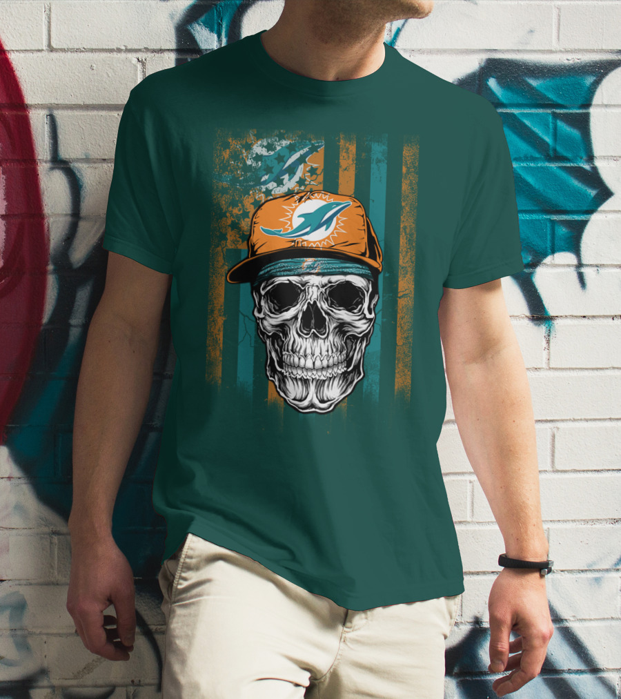 Miami Dolphins Skull With Cap And Logo In Orange And Teal Grunge Style T-Shirt