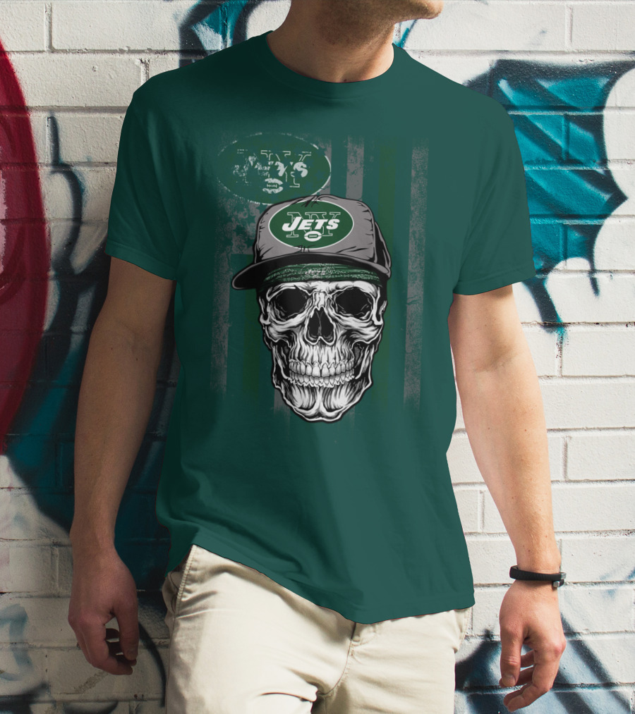 Skull With New York Jets Cap And Logo On Green Stripe T-Shirt
