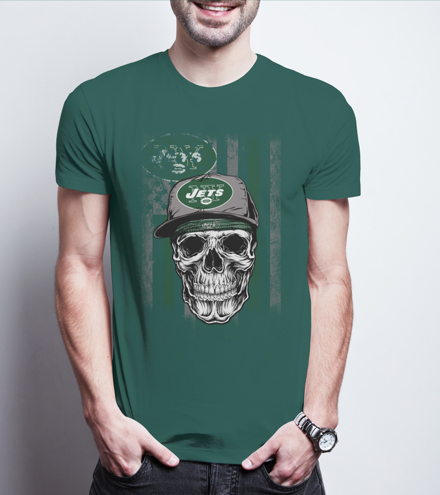 Skull With New York Jets Cap And Logo On Green Stripe T-Shirt
