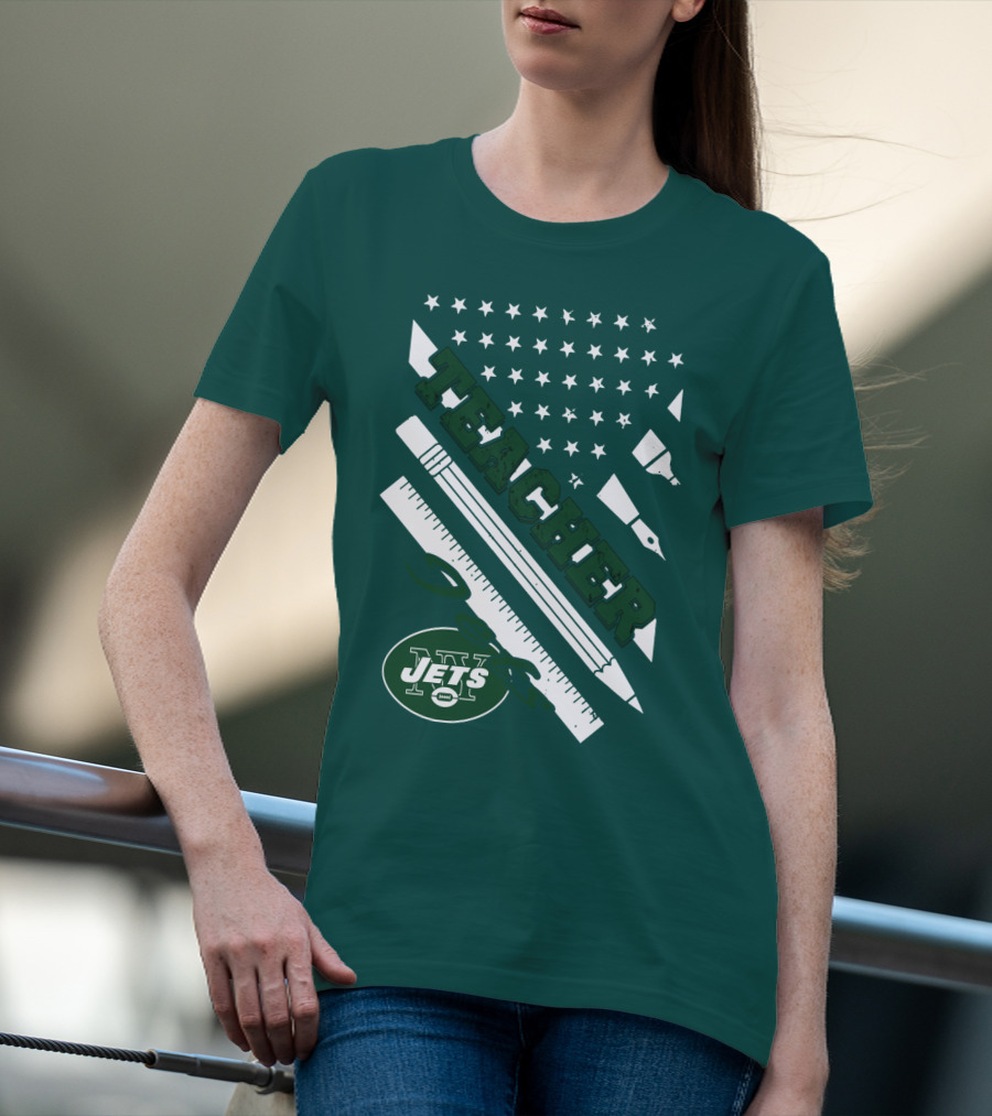 New York Jets Teacher Football Enthusiast American Flag And School Supplies T-Shirt