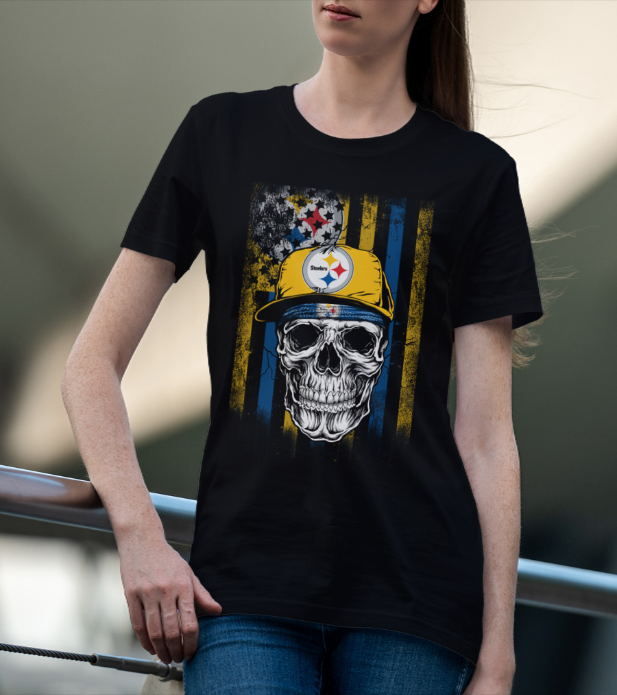 Pittsburgh Steelers Skull With Hat And Black Yellow Stripes T-Shirt