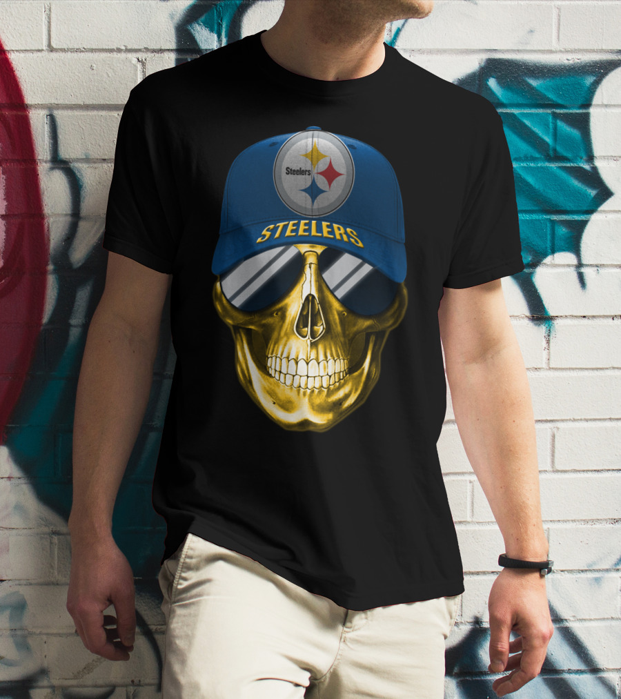 Pittsburgh Steelers Skull Wearing Reflective Sunglasses And Branded Cap T-Shirt