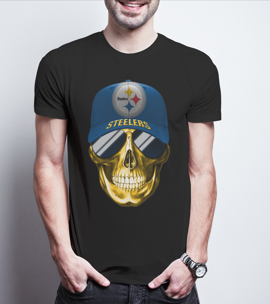 Pittsburgh Steelers Skull Wearing Reflective Sunglasses And Branded Cap T-Shirt