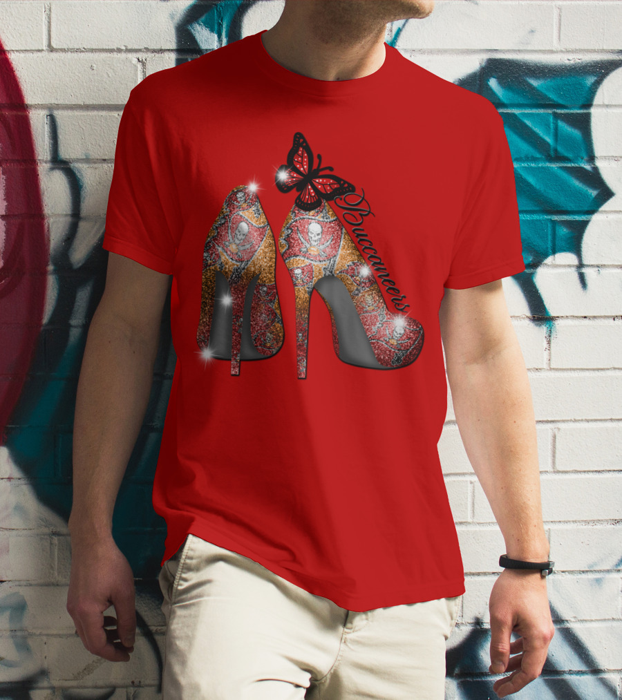 Buccaneers Heels With Red And Gold Skull Pattern Butterfly Accent T-Shirt