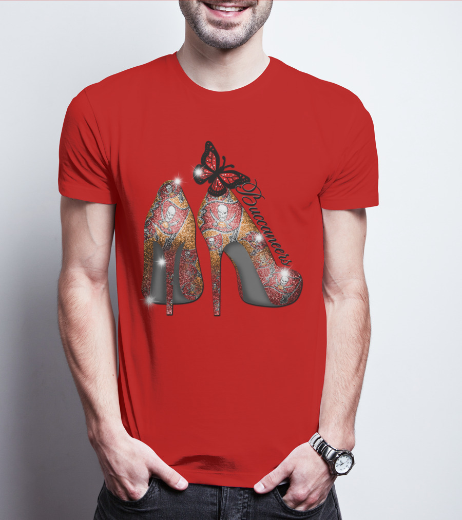 Buccaneers Heels With Red And Gold Skull Pattern Butterfly Accent T-Shirt