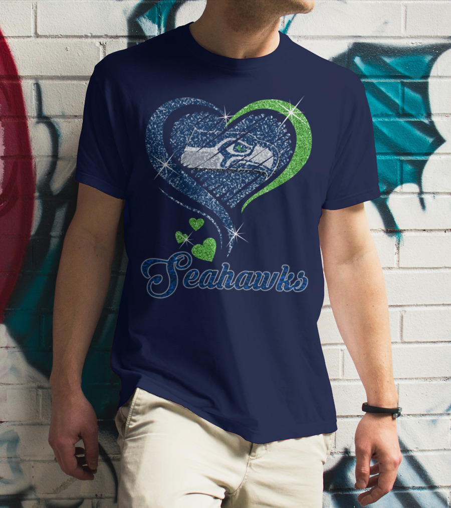 Seahawks Heart Logo With Green And Blue Sparkles T-Shirt