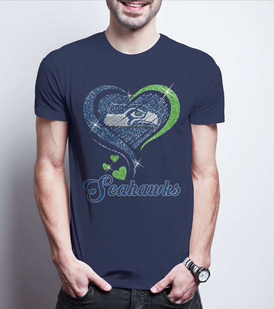 Seahawks Heart Logo With Green And Blue Sparkles T-Shirt