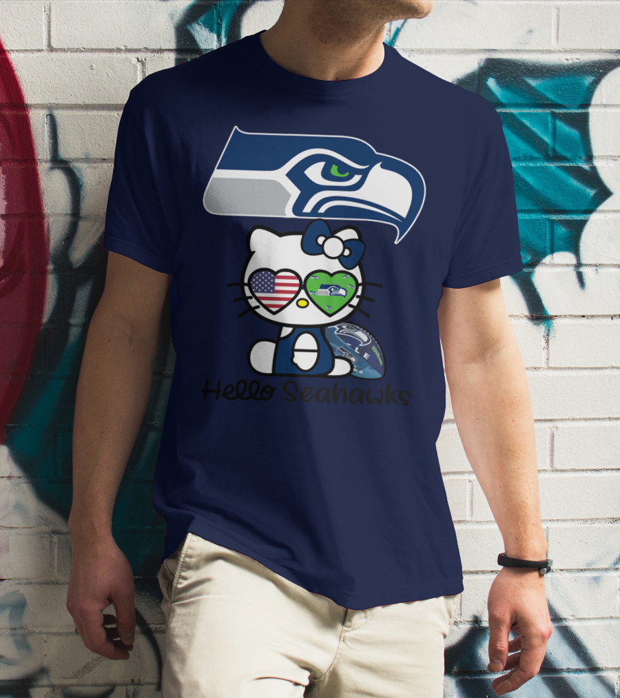 Seattle Seahawks Hello Kitty With Heart Eyes American Flag T-Shirt