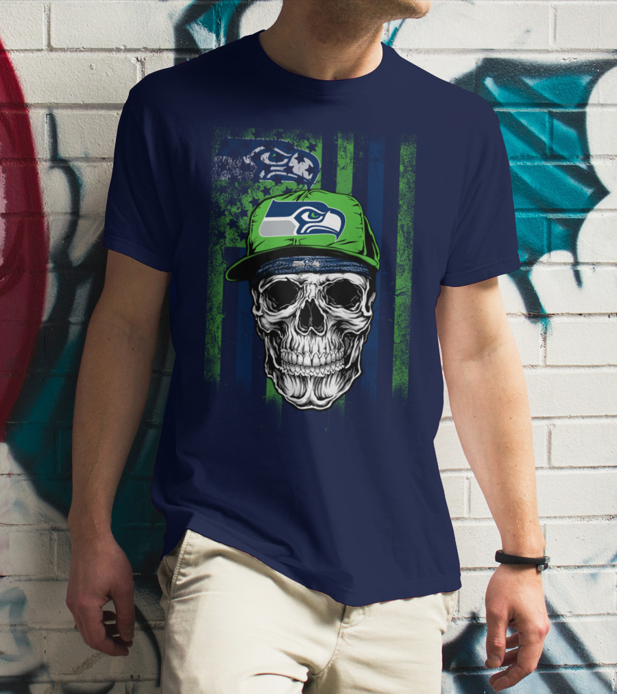 Seattle Seahawks Skull Cap Logo Grunge Style T-Shirt