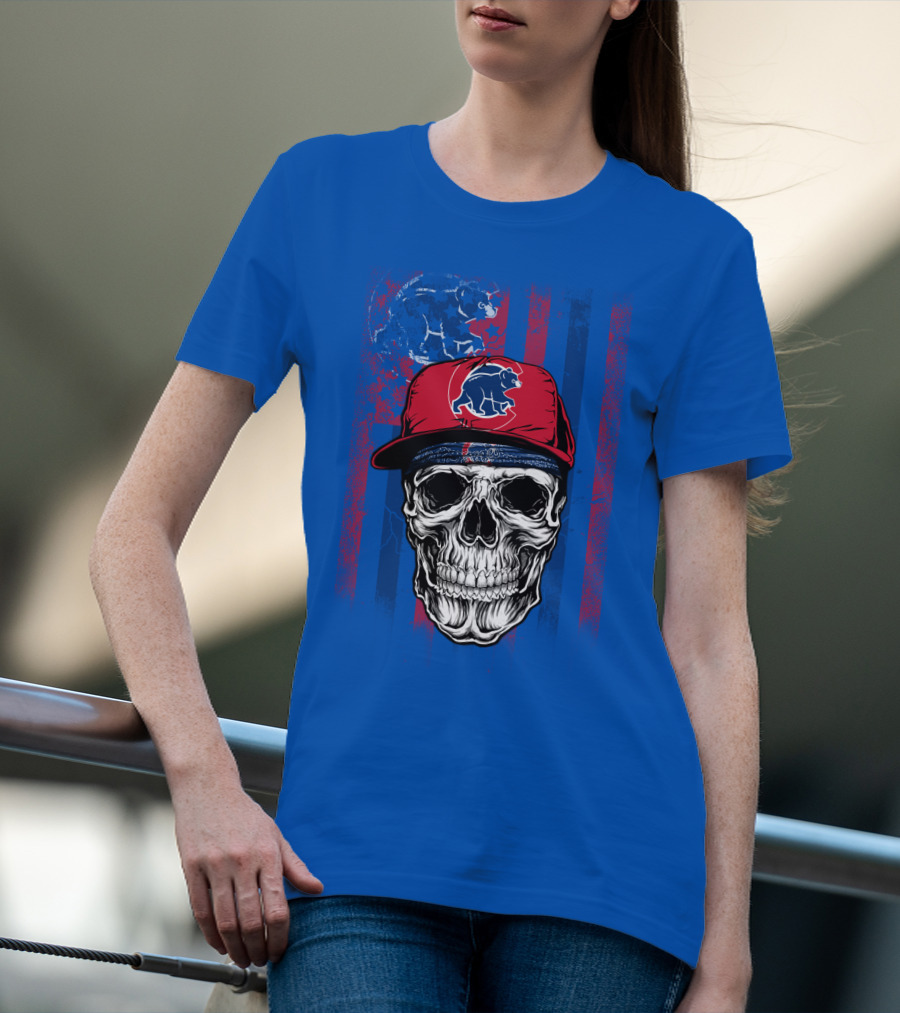 Chicago Cubs Skull With Bear And Cap On Blue T-Shirt
