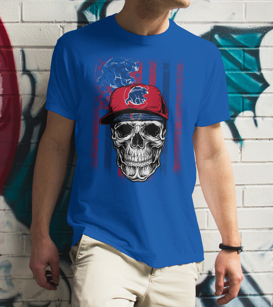 Chicago Cubs Skull With Bear And Cap On Blue T-Shirt
