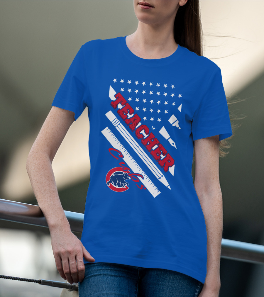 Teacher Cubs American Flag Baseball T-Shirt