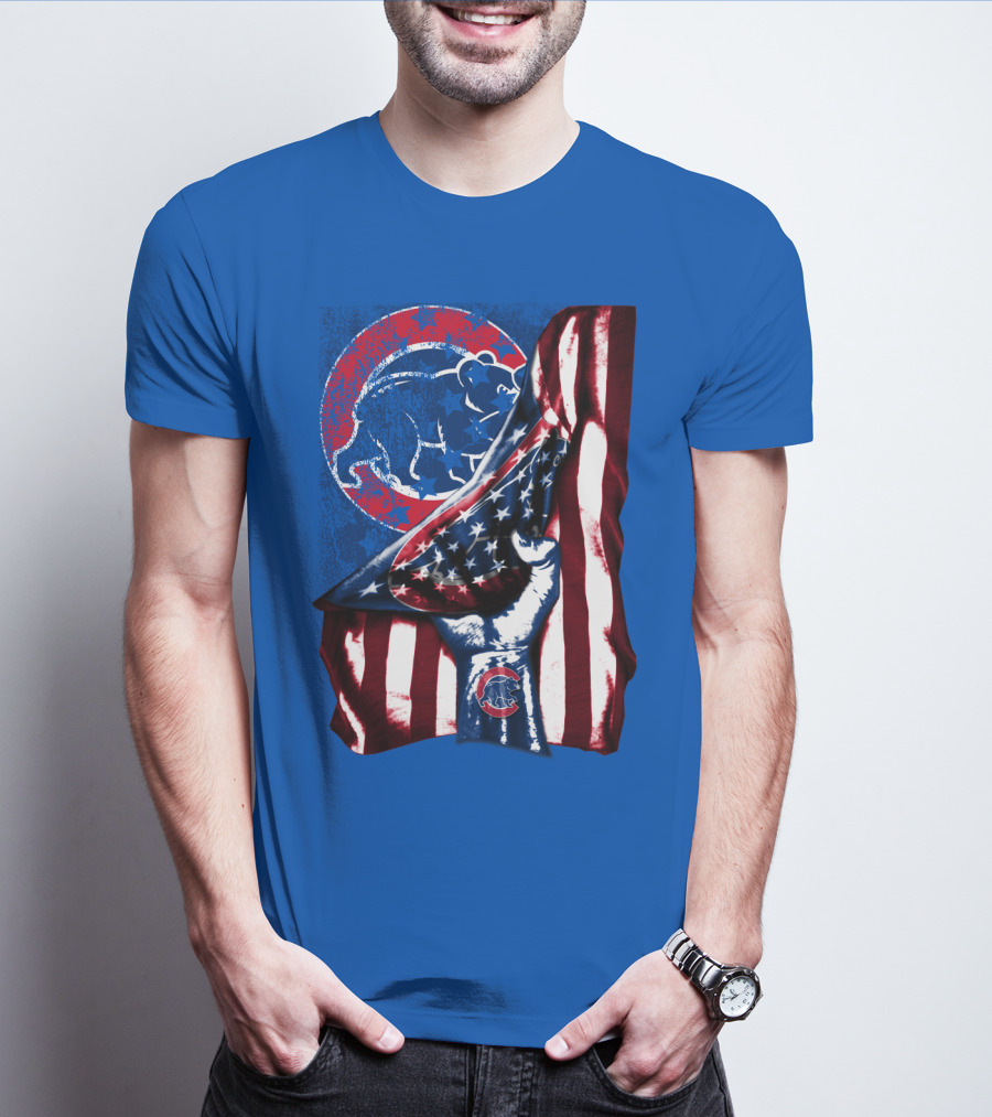 Chicago Cubs American Flag Bear Logo Fist T-Shirt