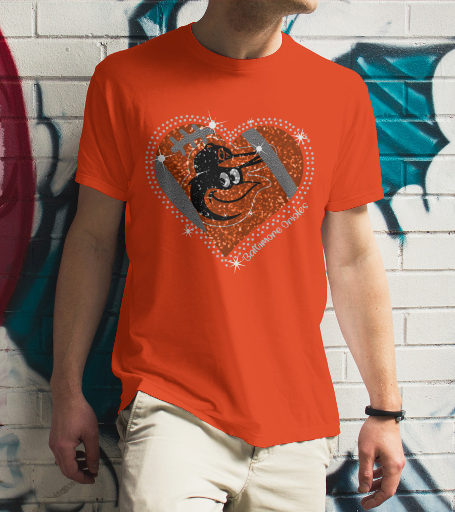 Baltimore Orioles Sparkling Heart And Baseball T-Shirt