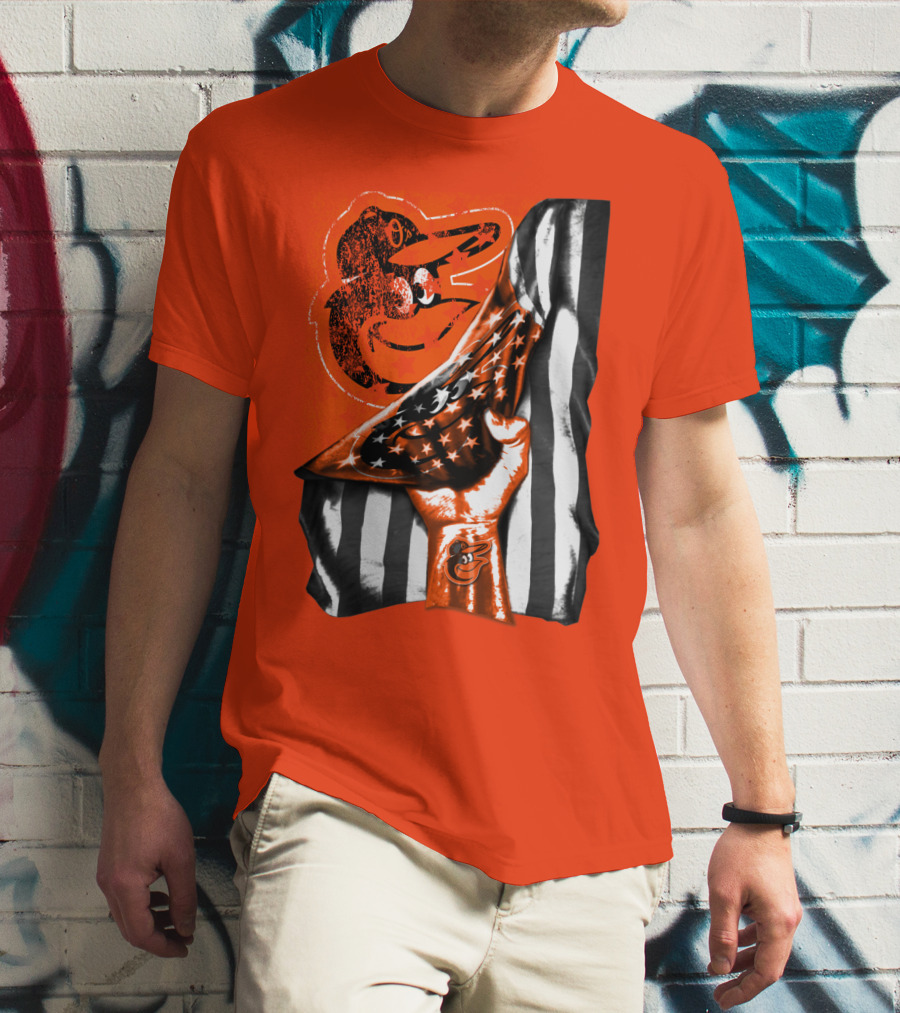 Baltimore Orioles American Flag Fist Logo On Orange T-Shirt