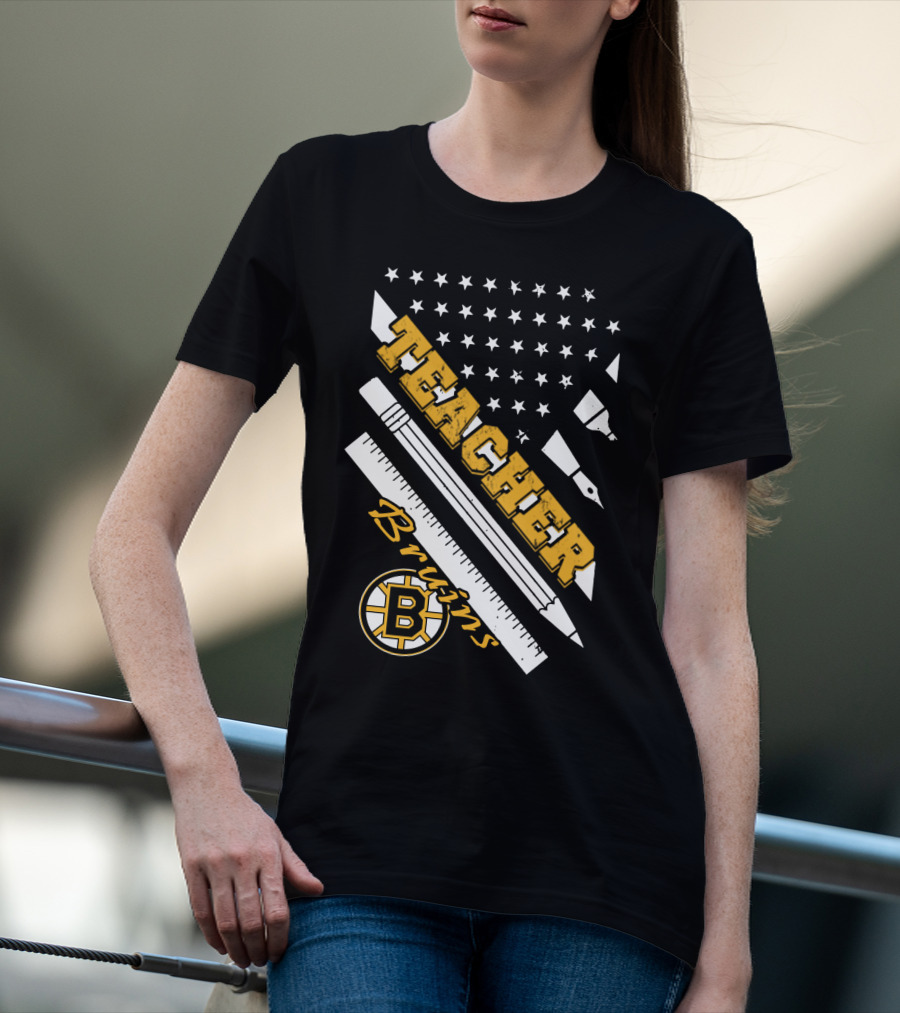 Boston Bruins Teacher American Flag Ruler Pencil Pen Stars T-Shirt