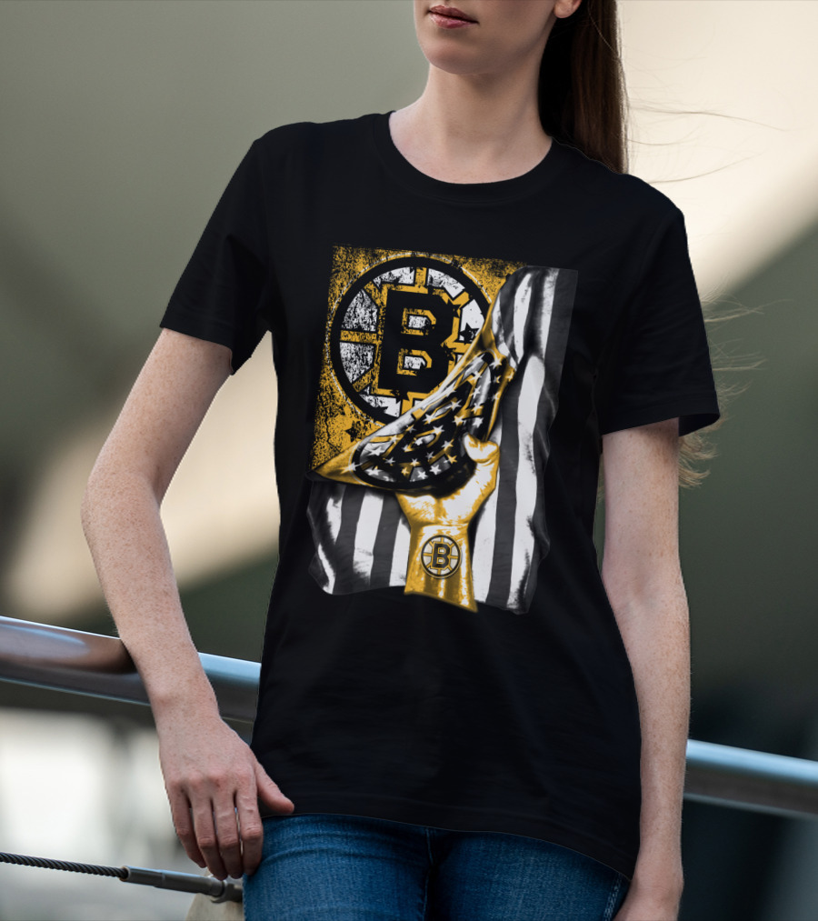 Boston Bruins American Flag Hand Emblem Black And Gold Burst T-Shirt
