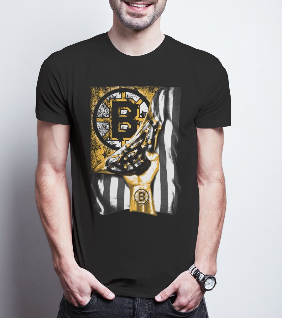 Boston Bruins American Flag Hand Emblem Black And Gold Burst T-Shirt